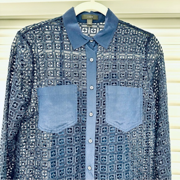 J. CREW Navy Blue Geometric Lace Button-Down Collared Long Sleeve Top - Picture 3 of 9